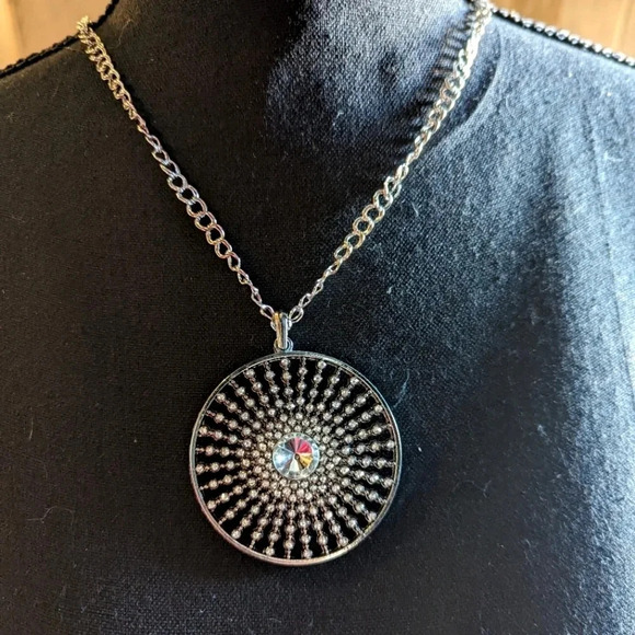 Handcrafted Jewelry - Statement Necklace- Rhinestone-Long Chain-Handmade-Silver tone-Starburst Pendant